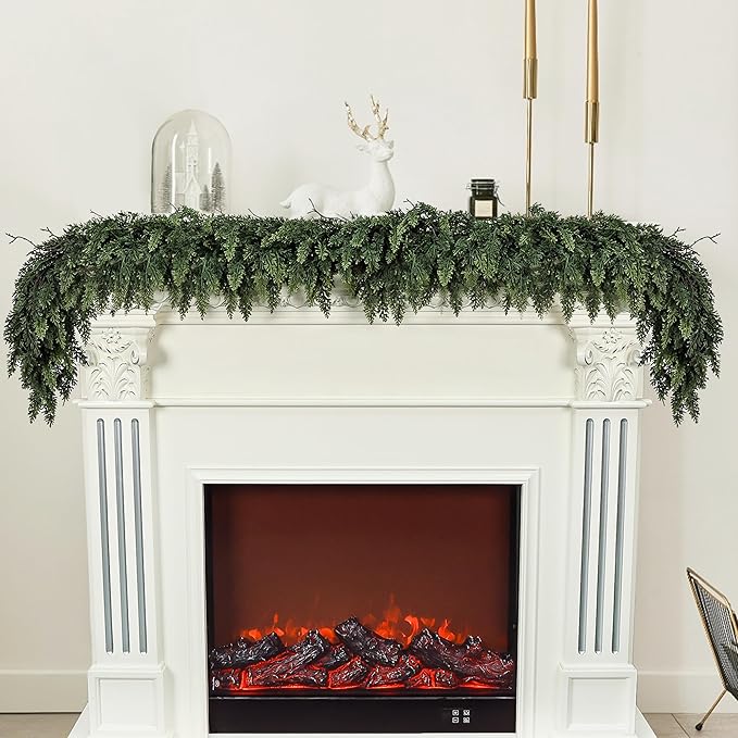 Realistic Christmas Garland for Mantle 16FT Real Touch Thick/Lush Artificial Cedar Garlands Christmas Decorations Indoor Christmas Garland for Stairs Railing Outdoor Table Holiday Decor Greenery