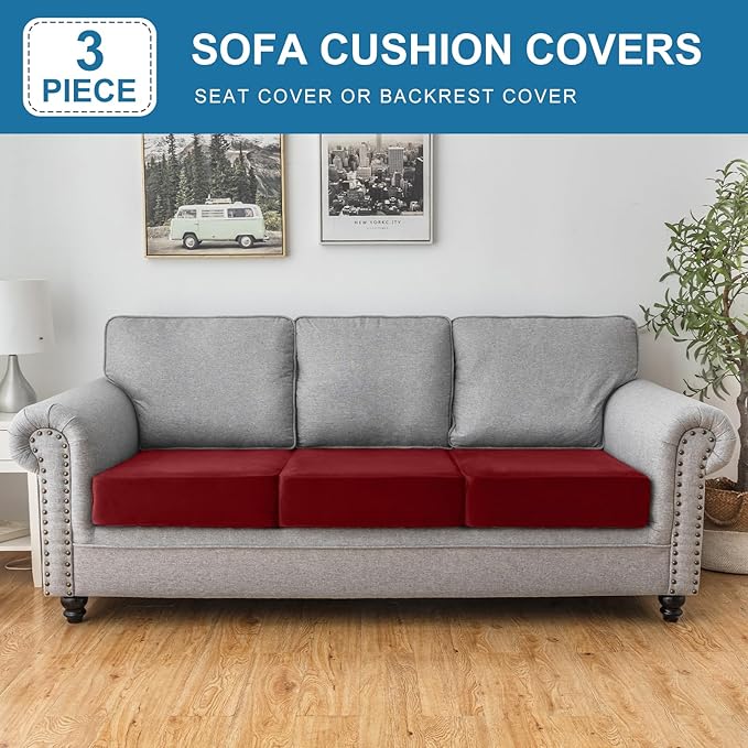 Sofa Slipcovers Stretch Velvet Cushion Covers, 3-Piece in Christmas Red