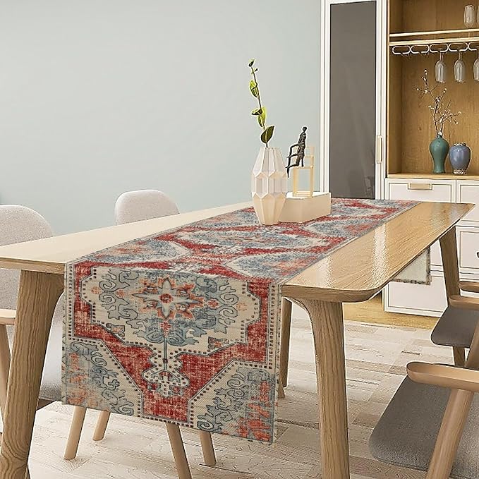 Boho Floral Vintage Table Runner, Retro Blue Red Flower Rustic Country Farmhouse Abstract Pattern for Home Kitchen Table Decor Dining Coffee Room Party Decor 13x90in