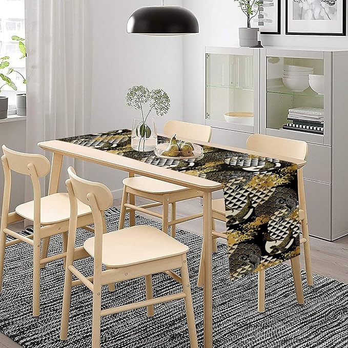 Japanese Table Runner Oriental Tradition Kio Fish Gold Art Printed Burlap Runner Home Kitchen Dining Table Living Room Decor Fabric 1 Panel W13xL120in