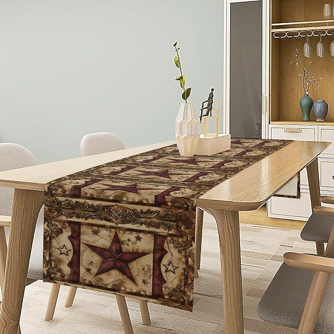 Wild West Table Runner, Rustic Farmhouse Texas Star Vintage Rodeo Cowboy Old Sign Wild West Print Pattern for Home Kitchen Table Decor Dining Coffee Room Garden Party Decor 13x72in