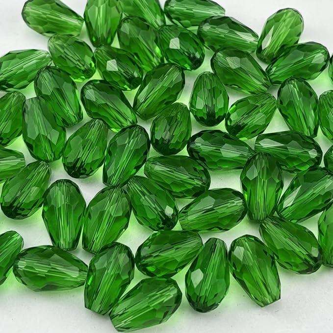 130pcs 6x8mm Teardrop Crystal Glass Beads for Jewelry Making, Faceted Vertical Hole Teardrop Glass Spacer Beads for Wind Chimes Bracelet Earring Necklace DIY Craft(Grass Green)
