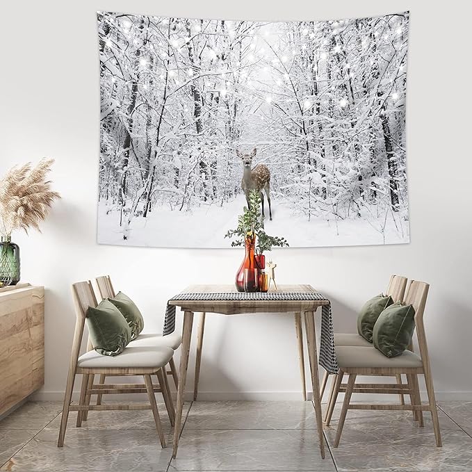 QGHOT Winter Tapestry Wall Hanging Snow Scene Backdrop Winter Wonderland Wall Decor Snowy Forest Wall Art Nature Woodland Deer Tapestry for Bedroom Room Dorm Party Decoration