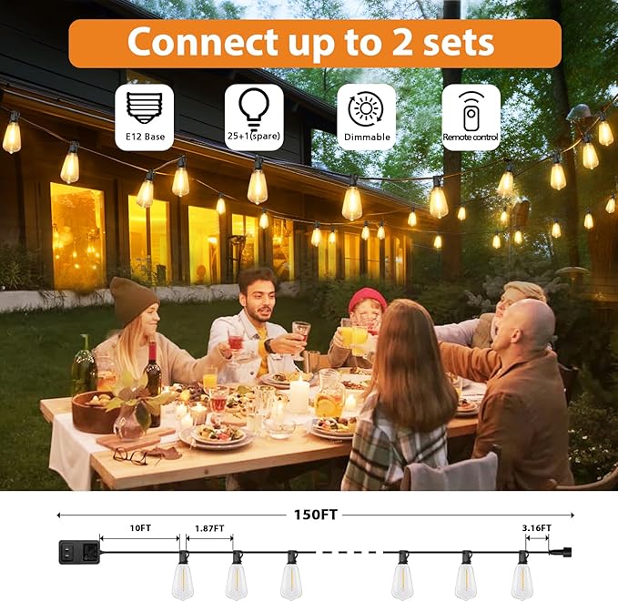 String Lights, 150 Ft Outdoor LED with Dimmable Remote and 3 Color Temps
