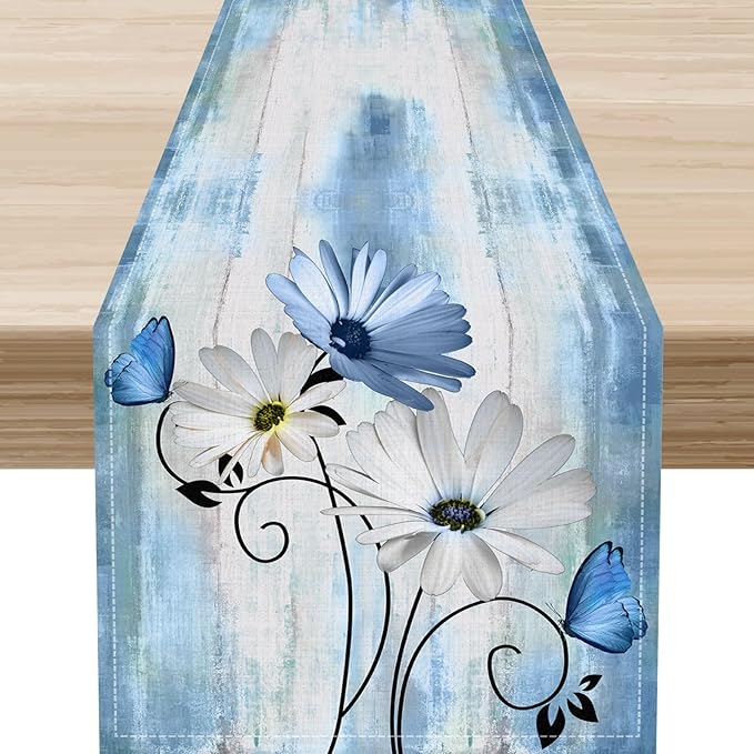Daisy Floral Table Runner, Spring Seasonal Summer Wild Flower Rustic Country Farmhouse Table Center Decor for Home Kitchen Dining Patio Holiday Party Indoor Outdoor Table Decorations, 13"x108" Inch