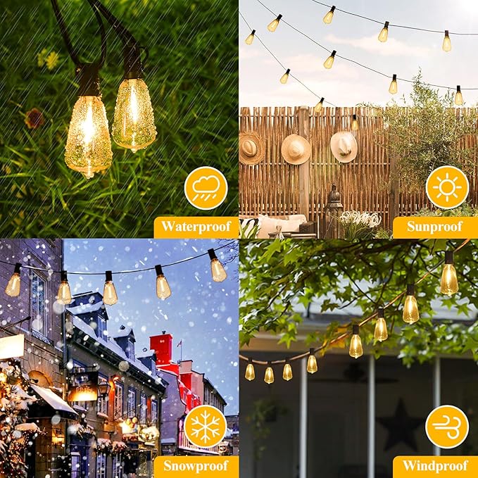 String Lights 100FT Outdoor with 52 Edison Bulbs, Black Wire