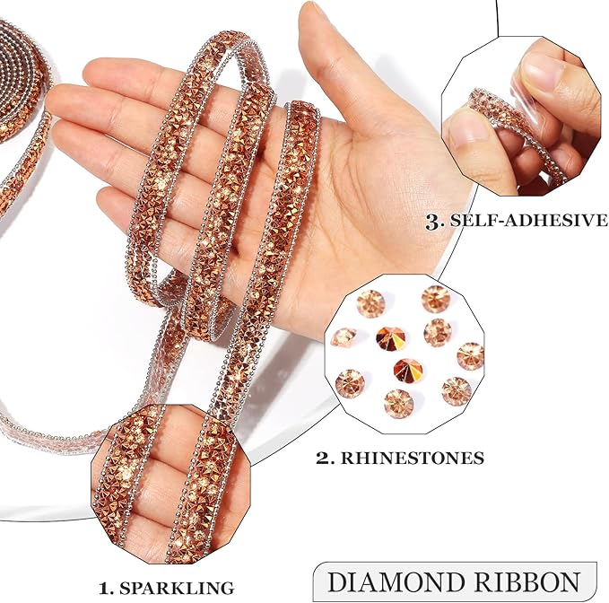 Rhinestone Ribbon 3 Yards Self Adhesive Rhinestone Strips Diamond Ribbon Sticker Crystal Roll Glitter Bling Rhinestones Tape for Crafting DIY Art Decoration (Rose Champagne,0.4 Inch)