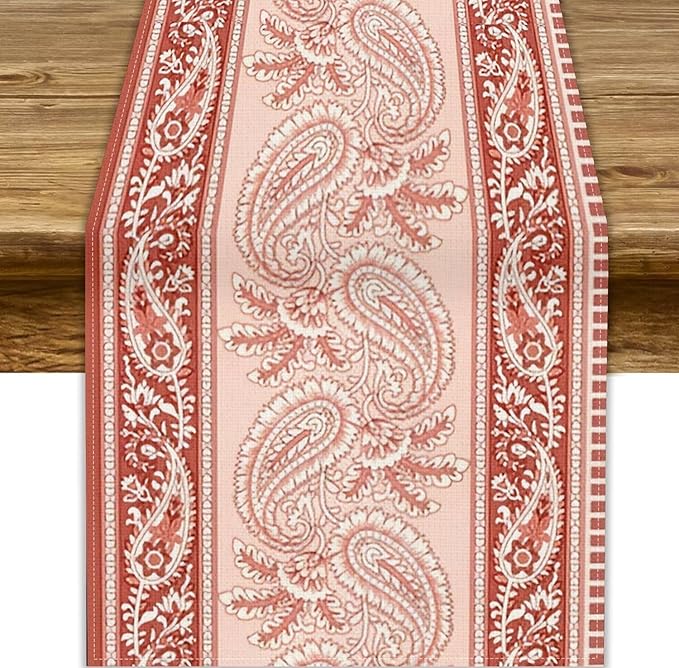 Pink Paisley Table Runner, Abstract Vintage Boho Paisley Flowers Leaves Print Table Runner for Home Kitchen Dining Room Wedding Party Decor, 13x108inch