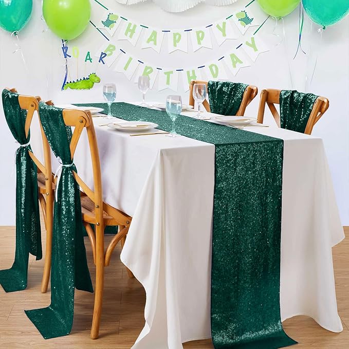 Sequin Table Runners 10 Pieces Emerald Green Table Runners 12x72 Inch Glitter Dining Table Cover for Party Wedding Birthday Reception Banquet Decoration Spring Party Chair Sashes