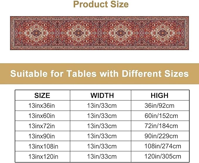 Boho Floral Vintage Table Runner, Paisley Retro Red Flower Rustic Country Farmhouse Abstract Pattern for Home Kitchen Table Decor Dining Coffee Room Party Decor 13x36in