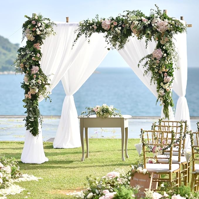 VOK White Wedding Arch Draping Fabric 29in x 18Ft 4 Panels Sheer Chiffon Curtain Drapes Extra Long for Outdoor Wedding Ceremony Birthday Party Decoration