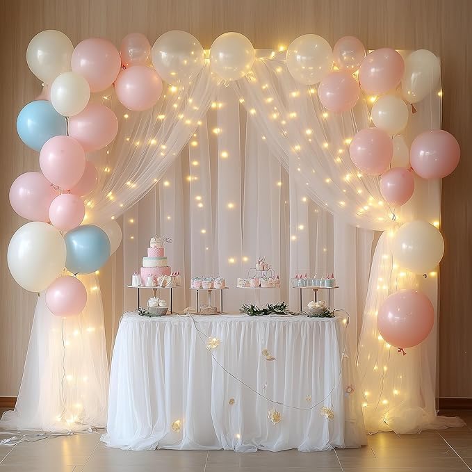 Tulle Backdrop Curtain with Lights String 10FT X 8FT White Sheer Tulle Backdrop Curtains for Wedding Birthday Party Reception Photo Booth Background Decorations (2 Panels 5x8FT)