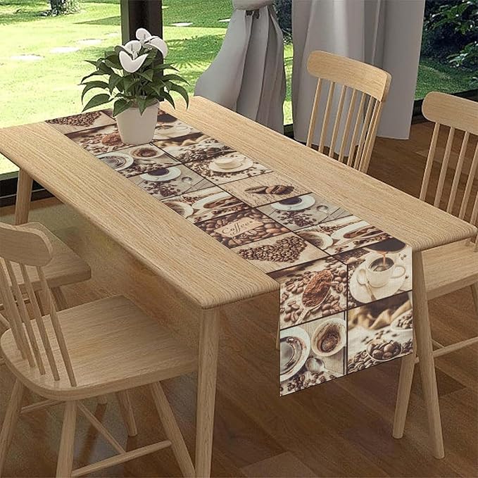 Coffee Theme Table Runner, Rustic Farmhouse Coffee Cup Latte Cappuccino Tea Party Cafe Table Center Decor for Home Kitchen Dining Patio Holiday Party Indoor Outdoor Table Decorations, 13"x72" Inch