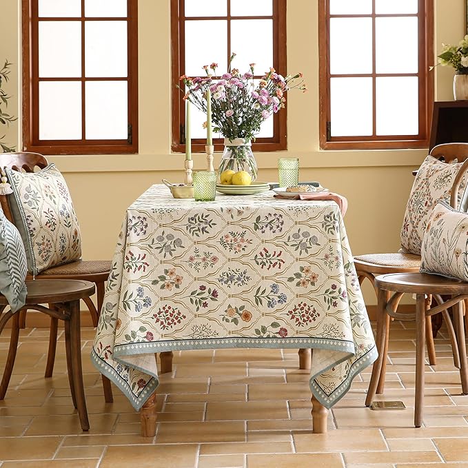 Square Linen Blend Tablecloth, 67 x 67 Inch, Serenity Floral Print