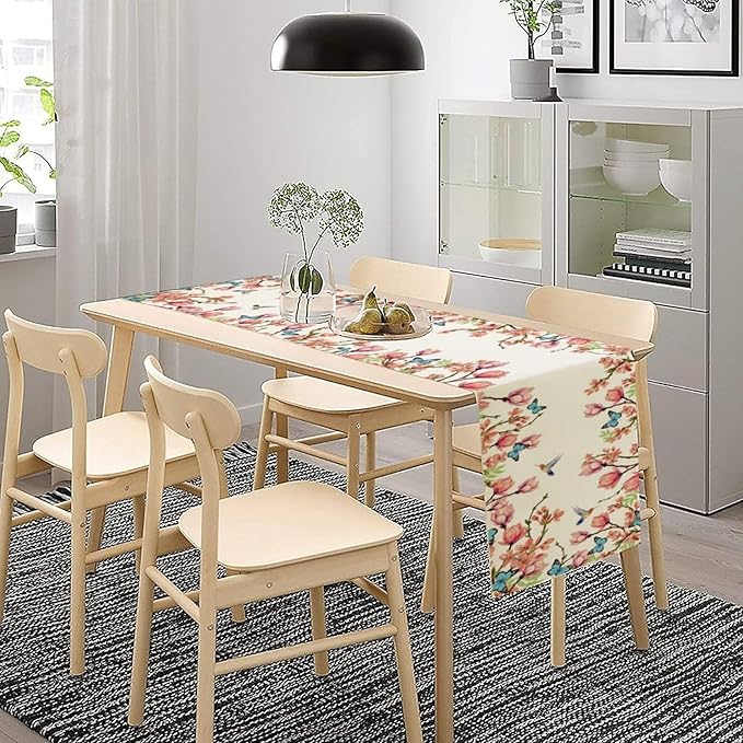 Spring Floral Bird Table Runner, Watercolor Pink Flower Plants Nature Butterfly Table Runner for Kitchen Dinner Living Room Home Party, 13x108 Inch