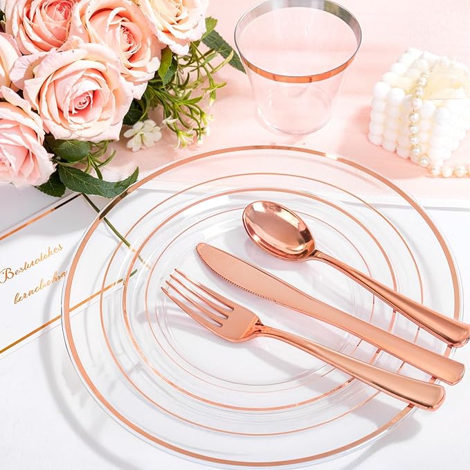 Disposable Plates, Clear Plastic with Rose Gold Trim, 150-Piece Set