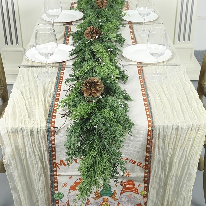 Christmas Garland, 6 Ft Dark Green with Pinecones and White Beads