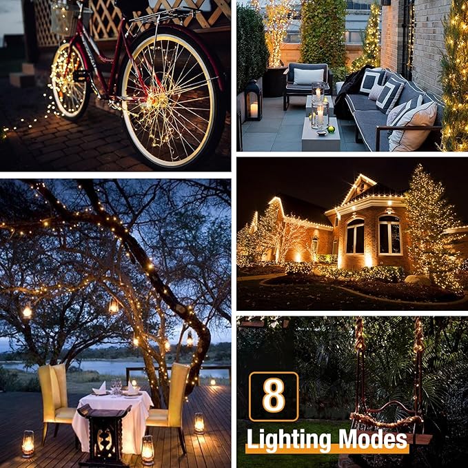 String Lights, Solar Outdoor Warm White, 8 Pack with 640 LEDs