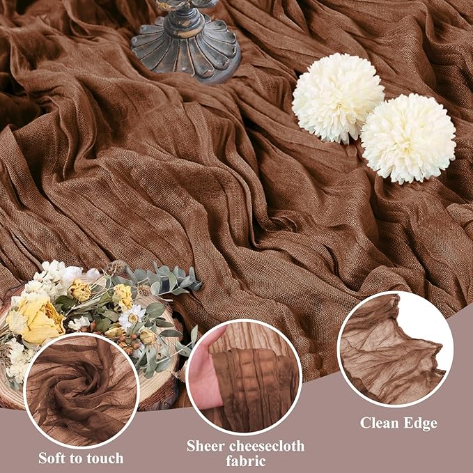 Asee'm 2pcs Cheesecloth Table Runner 120 Inches Long Brown Boho Gauze Cheese Cloth Runner 10FT Rustic Sheer Fall Table Runners for Thanksgiving Christmas Wedding Party Baby Shower Decoration