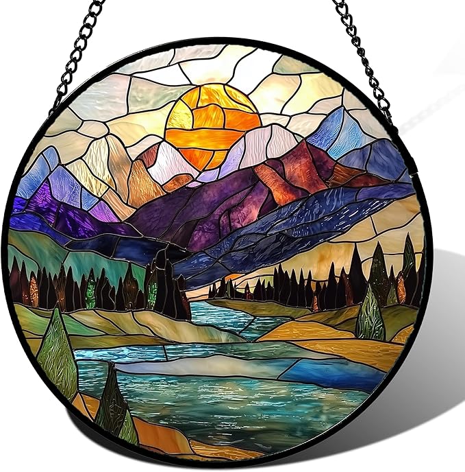 Stained Glass Window Hanging, Blue Lake Golden Sun Abstract Mountains Landscape Suncatcher for Doors Window Home Sun Catchers Decor Mother's Day Birthday Gifts for Women Men Mom 11.8 in