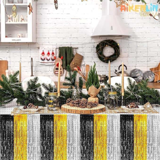 6 Pack 29x108 Inch Metallic Foil Fringe Tinsel Table Skirts Banner for Rectangle Tables Streamer Garland for Birthday, Parade Floats, Valentine's Day Party Decoration(Black Gold Silver)