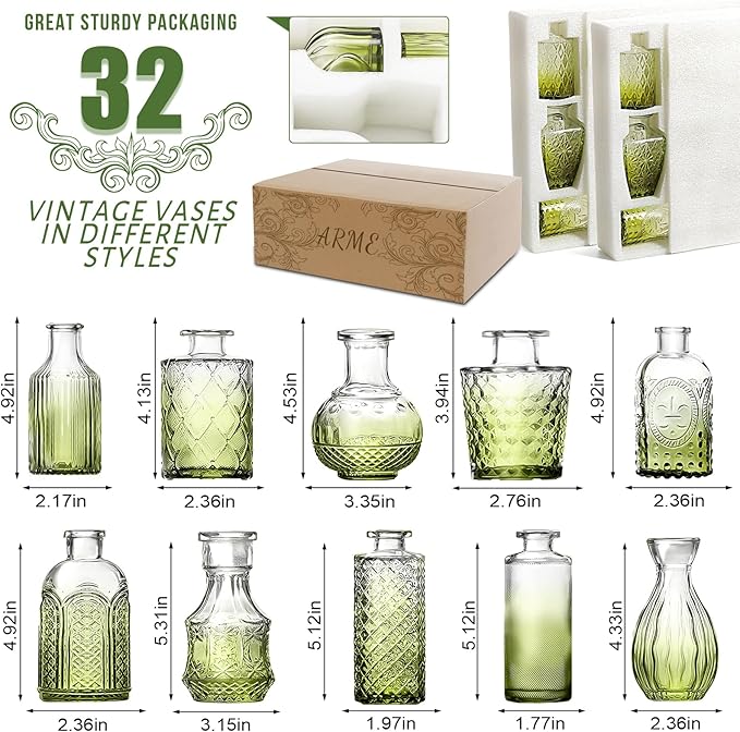 Arme Bud Vase Set of 32, Green Vases Glass Bud Vases in Bulk, Small Vases for Centerpieces Mini Flower Vase Set Cute Vintage Glass Vase Set for Flower Wedding Home Centerpiece Table Decorations