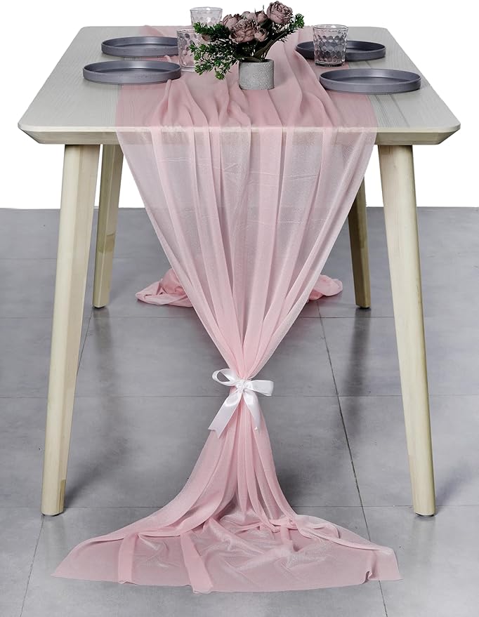 MDS 15 Pack 10ft Chiffon Table Runner 29 x 120 Inches Sheer Wedding Runner Romantic Rustic Table Runner for Wedding Decorations, Birthday Parties, Bridal Shower Party Arch Decor - Blush Pink