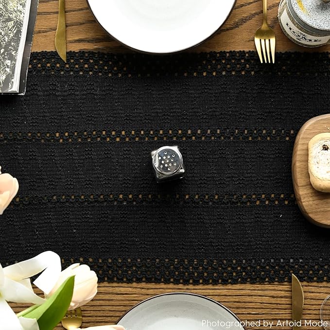 Artoid Mode Black Farmhouse Woven Rustic Hollow Table Runner, Seasonal Holiday Hollow Kitchen Dining Table Decoration for Home Party Decor 12x60 Inch