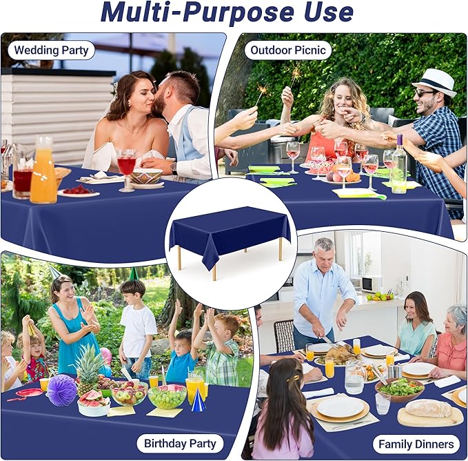 4 PCS Navy Plastic Tablecloths for Rectangle and Round Tables, 54" x 108" Stain Resistant Disposable Tablecloth for Picnic, Weddings, Baptism Decorations, Picnic Table Cover for Parties, Birthday