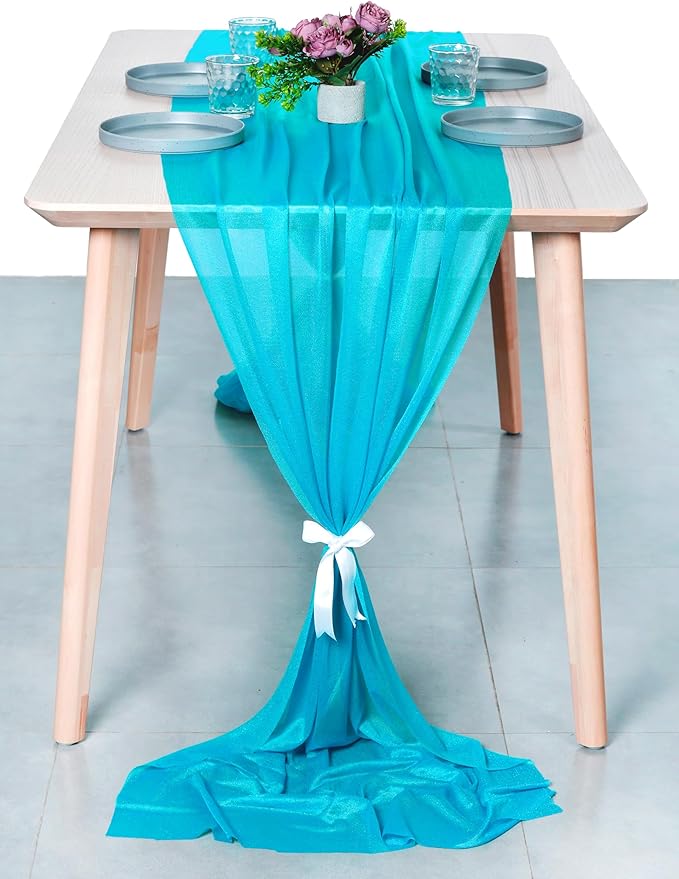 MDS 2 Pack 14ft Chiffon Table Runner 29 x 170 Inches Sheer Wedding Runner Romantic Rustic Table Runner for Wedding Decorations, Birthday Parties, Bridal Shower Party Arch Decor - Turquoise