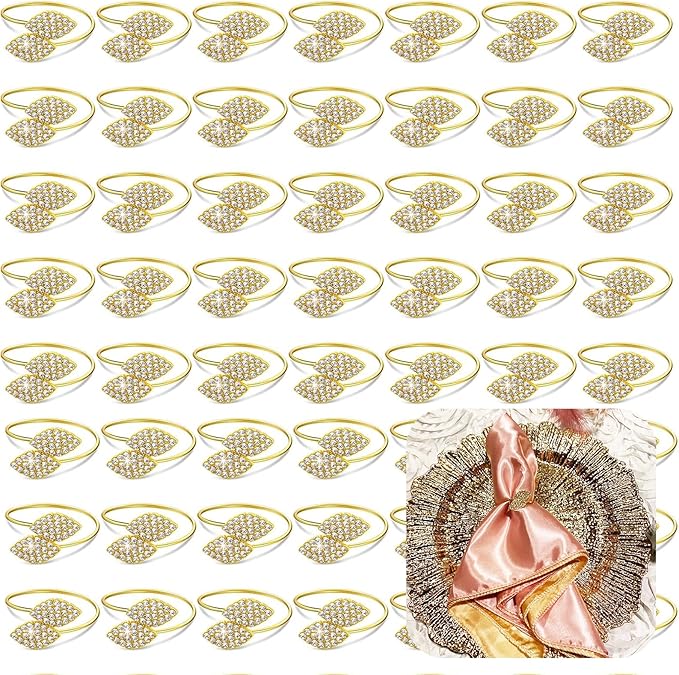 Napkin Rings Set of 100 Gold Metal Rhinestone Double Leaf Design
