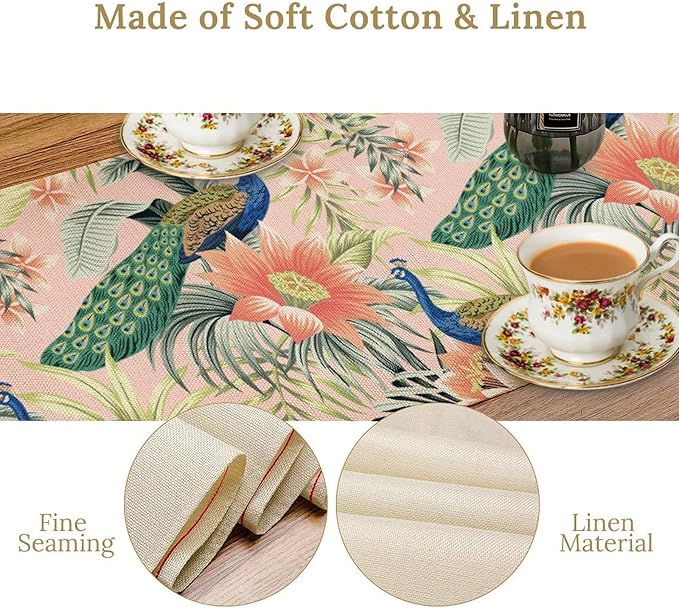 Peacock Table Runner,Pink Flower Peacock Birds Table Runner for Home Kitchen Dining Party Indoor Outdoor Decoration 13x120 Inch