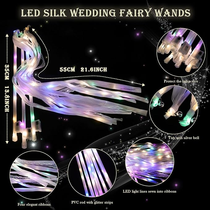 Streamers 100 Pack Light Up Wands with Ribbons, Bells and LEDs