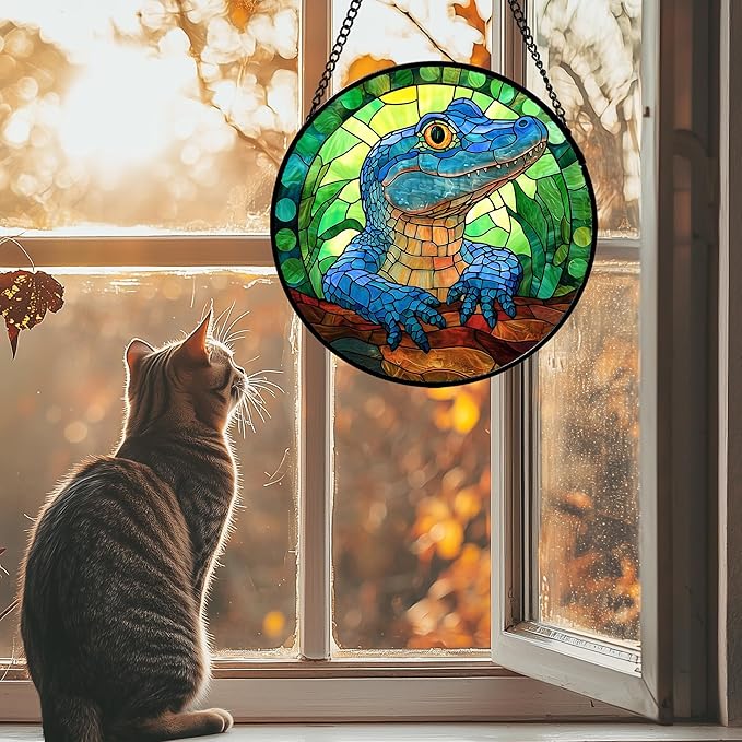 Stained Glass Window Hanging, Blue Alligator Sun Catcher for Window Door Home Decor Green Brown Suncatcher Christmas Mother's Day Birthday Gifts for Women Men Mom and Nana 15 in