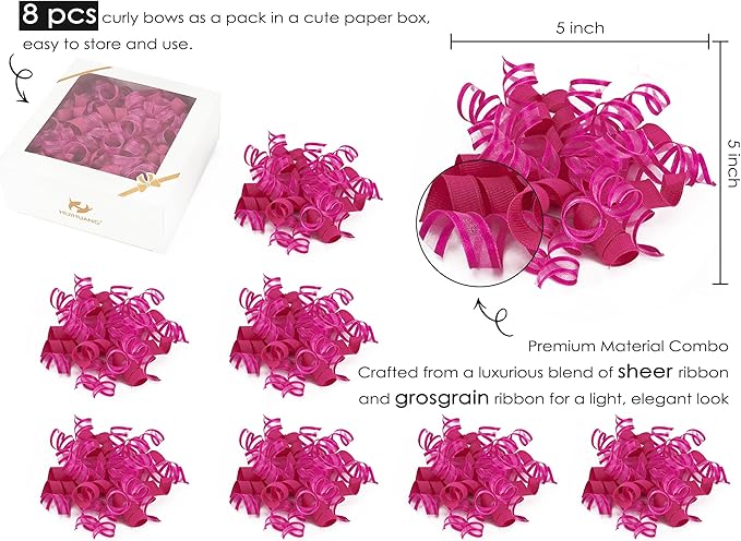 HUIHUANG Hot Pink Bows for Gift Wrapping Curly Gift Bow 5 inch x 8 Counts Self-Adhesive Ribbon Bows for Presents, Paper Bag, Party Favors, Wrapping Accessories, Holiday Wedding Decoration