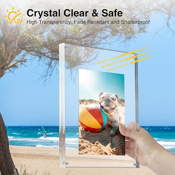 HOUSE DAY Acrylic Picture Frames 3.5x5, 1 Pack Magnetic 3.5 x 5 Picture Frame, Double Sided Clear 3.5x 5 Photo Frame with Microfiber Cloth, Frameless FreeStanding 3.5x5 Frame Gift for Desktop Display