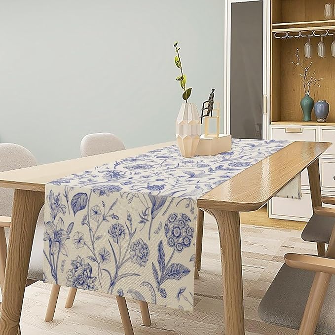Monochrome Sketch Flowers Table Runner, Seasonal Spring Fall Plants Blue Florals Dinner Runner for Home Kitchen Dining Table Party Holiday Decoration 13"x36"
