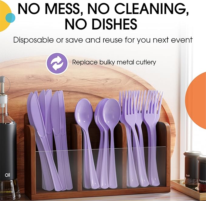 Plastic Cutlery Set, 300 Pieces, Lavender Disposable Forks, Spoons and Knives