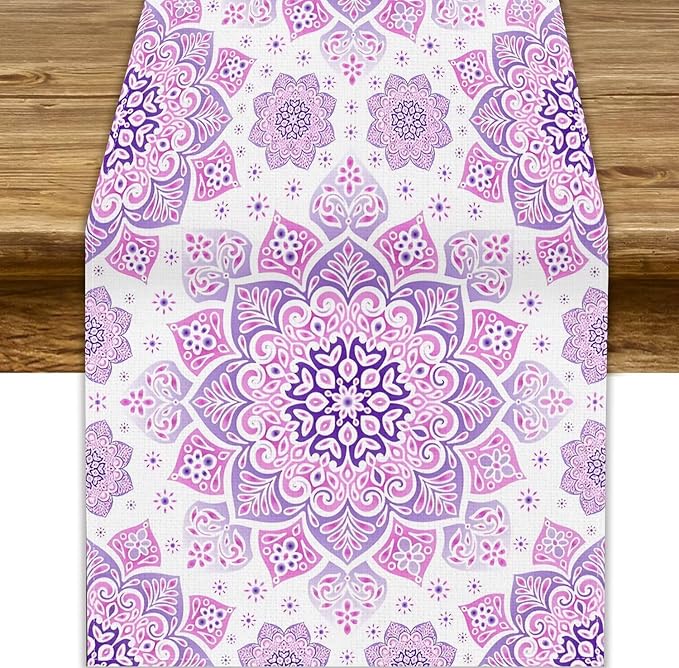 Purple Pink Mandala Table Runner, Traditional Indian Boho Mandala Flowers Print Table Runne for Kitchen Dining Table Office Wedding Party Holiday Home Decor, 13x70inch