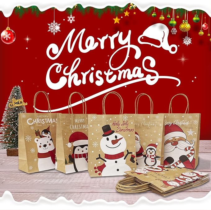 Gift Bags with Handles, 24 Count Kraft Paper Christmas Designs