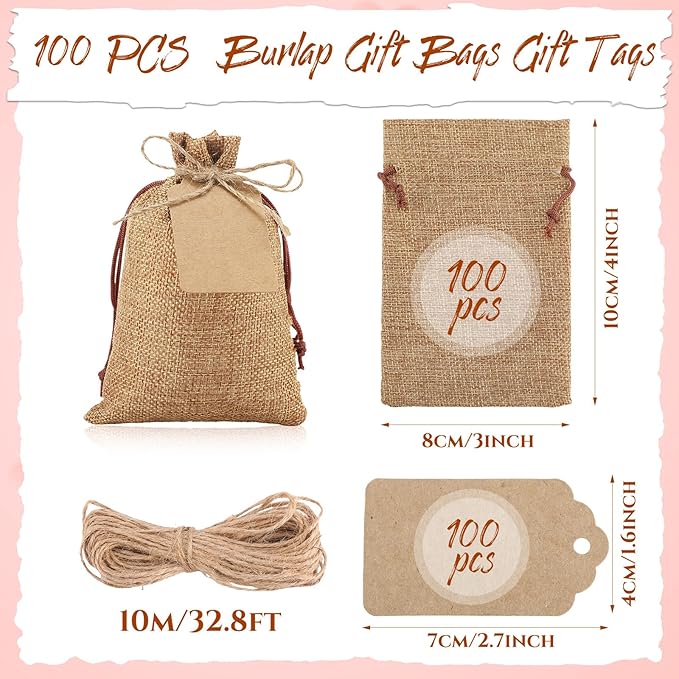 Gift Bags: 100 Dark Brown Burlap Drawstring Bags with Kraft Tags