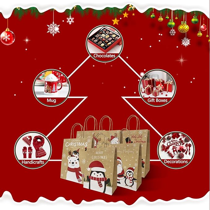 Gift Bags with Handles, 24 Count Kraft Paper Christmas Designs