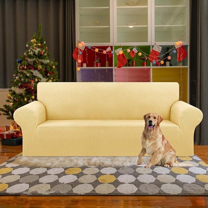 Sofa Slipcover for 3-Cushion Couch, Champagne Stretch, Anti-Slip