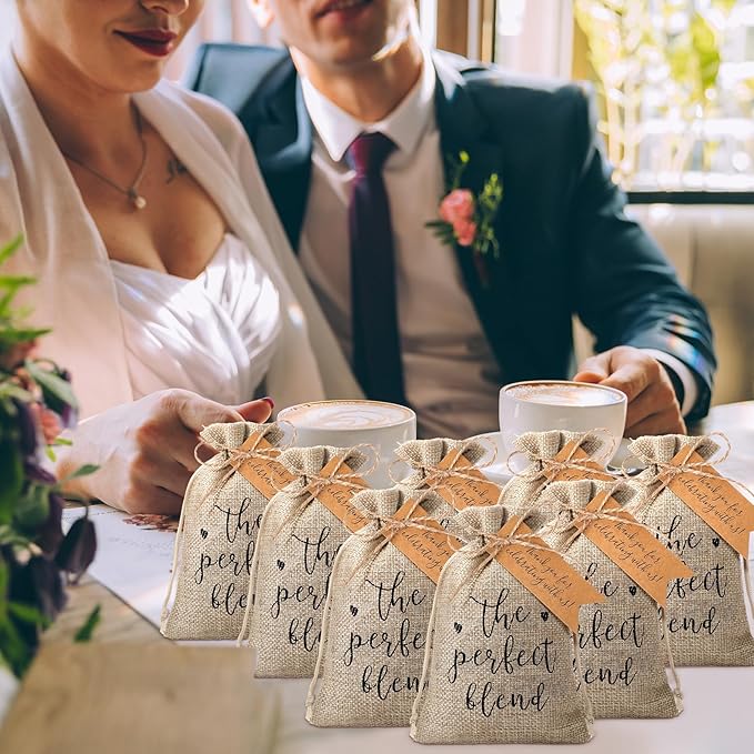 Gift Bags, 50 Brown Drawstring Jute Bags with Thank You Cards