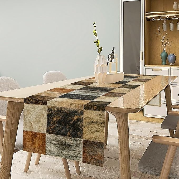 Rustic Cow Skin Patchwork Print Table Runner, Farmhouse Country Western Style Fur Table Cover for Dinning Home Party Holidays Home Setting, 13x108 Inch