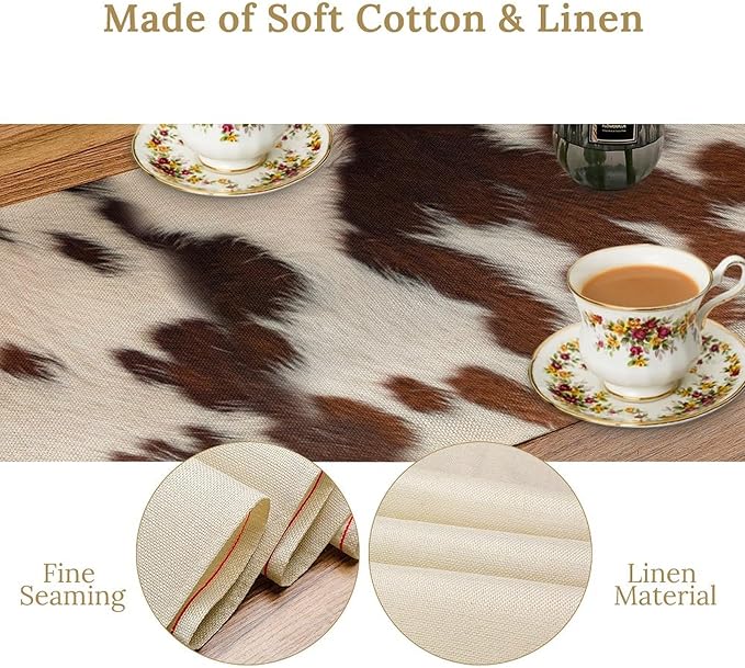Farmhouse Cow Skin Print Table Runner, Safari Wildlife Brown Country Farm Cowhide Pattern Cotton Linen Rustic Cottage Table Runner for Dinning Home Party Holidays Home Setting, 13x70 Inch