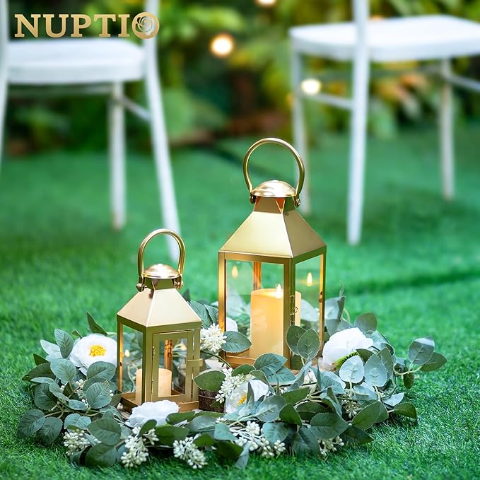 Decorative Candle Lantern, 11.2 Inch Gold Metal with Glass