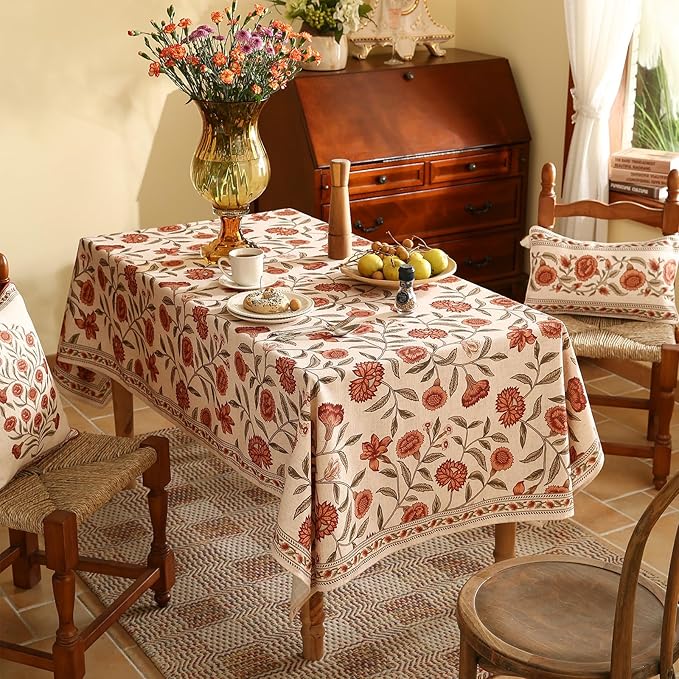 Rectangular Tablecloth 55x71 Inch Linen Blend Hand-Painted Floral Orange