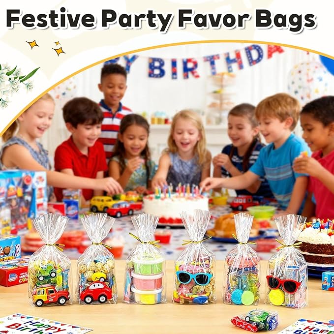 PigPotParty Cellophane Treat Bags 6"x9", 50 Pack Clear Goodie Bags, 2.4" Bottom Gusset for Stand-Up Display, Small Plastic Gift Wrap for Cookies, Candy, Party Favors, Popcorn, Includes 50 Gold Ties