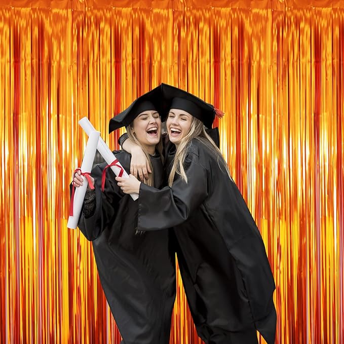 GOER 6.4 ft x 8.2 ft Metallic Tinsel Foil Fringe Curtains,Pack of 2 Party Streamer Backdrop for Birthday,Graduation Decorations and New Year Eve (Orange)